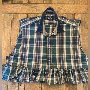 Up-cycled Woman’s Oversized Plaid Ruffle Hem Button-Front Top - Green Plaid
